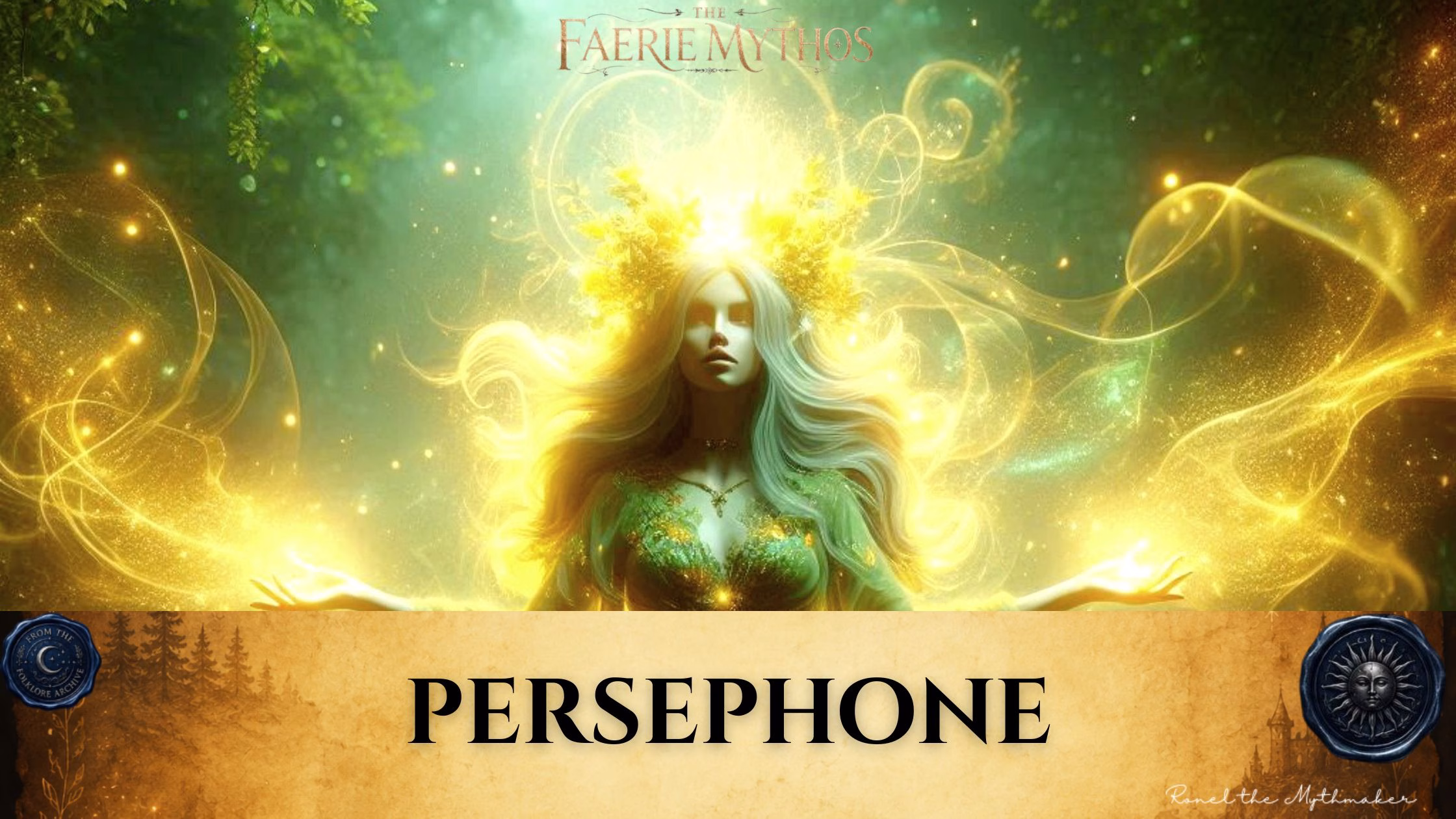 A character card from "The Faerie Mythos" series titled "PERSEPHONE" by Ronel the Mythmaker. The image features Persephone surrounded by glowing golden magical energy, with light emanating from her floral crown and hands, set against a lush, green, ethereal background. The bottom section contains a parchment-textured bar with wax seals from "From The Folklore Archive" on the sides, and the text is displayed in black.
