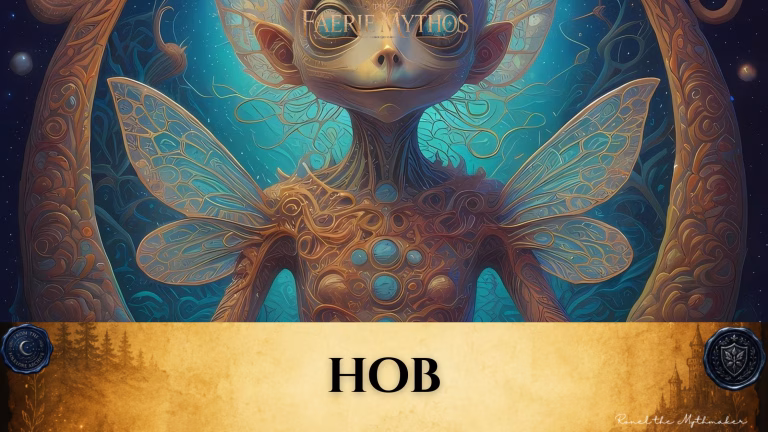 Digital banner for "The Faerie Mythos." The upper section displays an intricate, slender faerie-like creature with large, stylized circular eyes, prominent ears, and a slight smile. Its body and translucent, insect-like wings are detailed with golden, swirling, vine-like patterns, and its chest features three glowing turquoise circular gems. It is framed by a curved organic arch against a deep turquoise and blue background filled with glowing line art. Across the bottom, a wide, textured gold parchment banner displays the word "HOB" in bold black serif lettering. The banner is anchored by two dark blue wax seals: one on the left reading "From the Folklore Archive" and one on the right featuring a shield emblem. The lower right corner includes the signature "Ronel the Mythmaker" in a white script font.