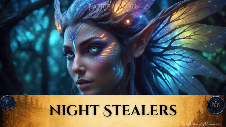 Digital banner for "The Faerie Mythos". The upper section features a stunning close-up portrait of a dark-haired faerie creature with striking, luminous turquoise eyes and pointed elf-like ears. Her face is adorned with intricate bioluminescent markings glowing in shades of blue and gold. Large, vein-structured wings shimmer with blue, purple, and gold light behind her against a dark, mystical forest background filled with soft, glowing bokeh. Across the bottom, a wide, textured gold parchment banner displays the words "NIGHT STEALERS" in bold black serif lettering. The banner is anchored by two dark blue wax seals: one on the left reading "From the Folklore Archive" and one on the right featuring a shield emblem. The lower right corner includes the signature "Ronel the Mythmaker" in a white script font.