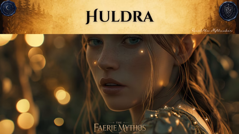 Dark fantasy digital banner where the layout is inverted. The upper section features a wide, textured gold parchment banner displaying the word "HULDRA" in a bold black serif font. The banner is flanked by two dark blue wax seals: one on the left reading "From the Folklore Archive" and one on the right featuring a shield emblem, with the signature "Ronel the Mythmaker" in white script in the bottom right corner of the gold strip. Below the banner, a close-up portrait shows a beautiful woman with pointed elf-like ears, light freckles, and striking grey-blue eyes looking over her shoulder. Wisps of her hair and the shoulder of her green attire are dotted with small, glowing gold lights, set against a dark background with soft, warm golden bokeh circles. "The Faerie Mythos" logo is centered at the very bottom.