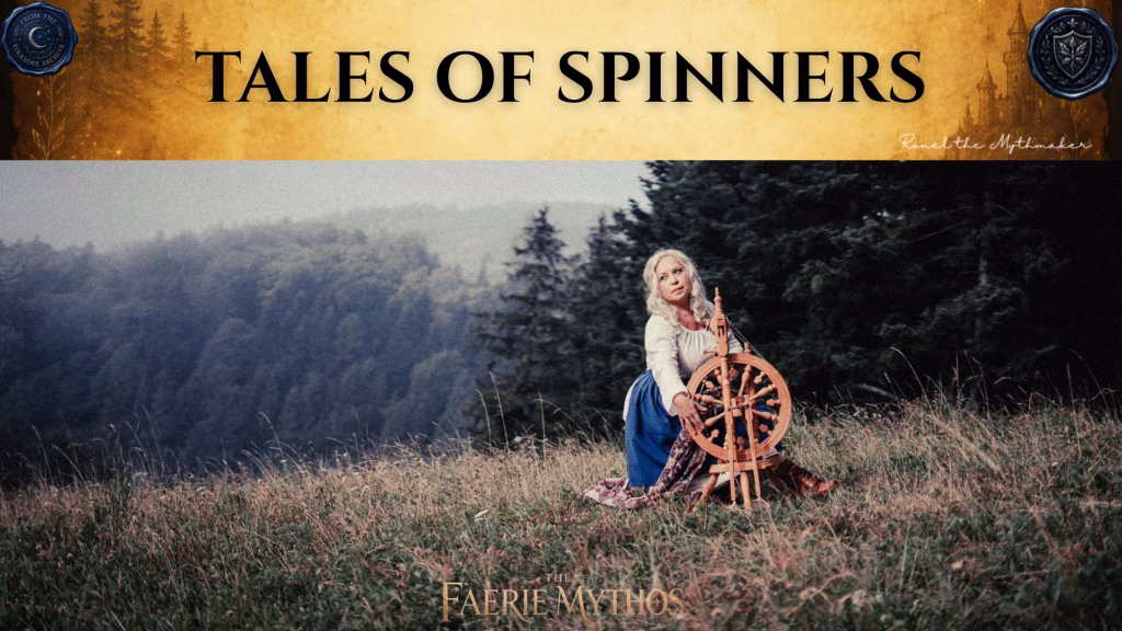 A dark fantasy digital banner with a top-heavy title layout. The upper section consists of a wide, textured gold parchment banner displaying the words "TALES OF SPINNERS" in a bold black serif font. The banner is flanked by two dark blue wax seals: the left one reads "From the Folklore Archive" and the right features a shield crest. The lower right corner of the gold section is signed "Ronel the Mythmaker" in white script. Below the banner, a woman with long, wavy blonde hair sits in an open, grassy alpine meadow, operating a wooden spinning wheel. She wears a white peasant blouse, a blue skirt, and boots, looking off into the distance. The background features a misty, tree-covered hillside under an overcast sky. "The Faerie Mythos" logo is centered at the very bottom of the image.
