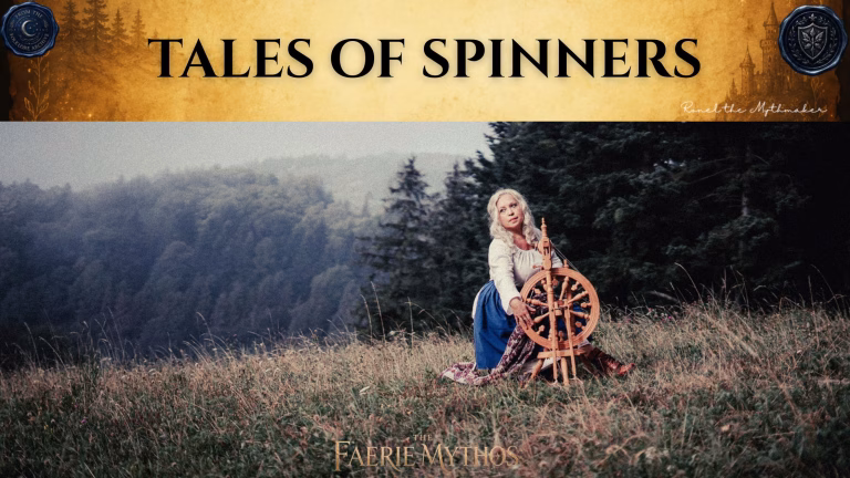 A dark fantasy digital banner with a top-heavy title layout. The upper section consists of a wide, textured gold parchment banner displaying the words "TALES OF SPINNERS" in a bold black serif font. The banner is flanked by two dark blue wax seals: the left one reads "From the Folklore Archive" and the right features a shield crest. The lower right corner of the gold section is signed "Ronel the Mythmaker" in white script. Below the banner, a woman with long, wavy blonde hair sits in an open, grassy alpine meadow, operating a wooden spinning wheel. She wears a white peasant blouse, a blue skirt, and boots, looking off into the distance. The background features a misty, tree-covered hillside under an overcast sky. "The Faerie Mythos" logo is centered at the very bottom of the image.