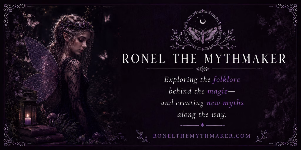 A dark fantasy, gothic-style banner featuring a faerie and branding text on a deep purple background. On the left, a side profile of a young female faerie with pointed ears, long wavy hair, a floral crown, and translucent, vein-textured wings looks down thoughtfully. She stands in a shadowy forest next to a glowing candle lantern resting on stacked vintage books. The right side features a decorative circular emblem with a moth and crescent moon, followed by the text: "RONEL THE MYTHMAKER," "Exploring the folklore behind the magic—and creating new myths along the way," and the website "RONELTHEMYTHMAKER.COM". The entire image is framed by an ornate, vintage border.