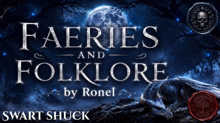 A dark fantasy banner titled "FAERIES AND FOLKLORE by Ronel," set against a misty, gnarled forest under a large, glowing full moon. In the bottom left corner, the word "Swart Shuck" is written in a clean, white serif font. In the top right corner, there is a circular, dark metallic or wax seal stamp featuring an embossed illustration of a skull. A scaly blue dragon rests on a rocky ridge in the foreground, surrounded by faint, glowing blue magical embers. A red wax seal has “Afrikaans Edition” stamped on it with an embossed tree.