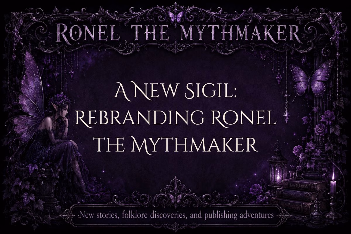 Dark fantasy-themed digital banner with an intricate, ornate purple and black border. The background is a textured, deep violet. On the left, a melancholic fairy with large, translucent purple wings and a flower crown sits in profile, looking thoughtful. On the right, a purple butterfly is perched near hanging crystals, an old lantern, and a stack of leather-bound books next to a glowing candle. Centermost, the main text reads in a stylized, elegant serif font: "RONEL THE MYTHMAKER A NEW SIGIL: REBRANDING RONEL THE MYTHMAKER" At the very bottom, inside a narrow bordered banner, smaller text reads: "New stories, folklore discoveries, and publishing adventures".