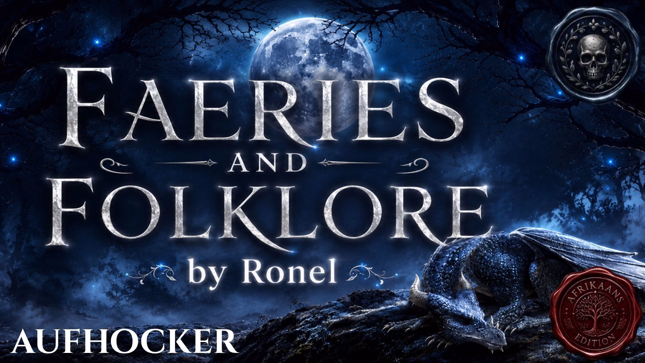 A dark fantasy banner titled "FAERIES AND FOLKLORE by Ronel," set against a misty, gnarled forest under a large, glowing full moon. In the bottom left corner, the word "Aufhocker" is written in a clean, white serif font. In the top right corner, there is a circular, dark metallic or wax seal stamp featuring an embossed illustration of a skull. A scaly blue dragon rests on a rocky ridge in the foreground, surrounded by faint, glowing blue magical embers. A red wax seal has “Afrikaans Edition” stamped on it with an embossed tree.