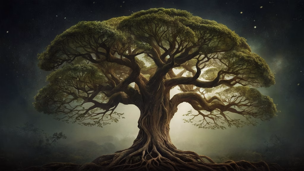 old tree with exposed roots standing out in forest with a bit of light illuminating it in the dark