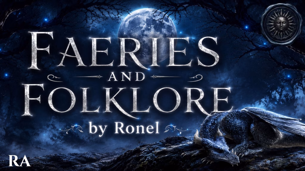 A dark fantasy banner titled "FAERIES AND FOLKLORE by Ronel," set against a misty, gnarled forest under a large, glowing full moon. In the bottom left corner, the word "Ra" is written in a clean, white serif font. In the top right corner, there is a circular, dark metallic or wax seal stamp featuring an embossed illustration of a sun. A scaly blue dragon rests on a rocky ridge in the foreground, surrounded by faint, glowing blue magical embers.