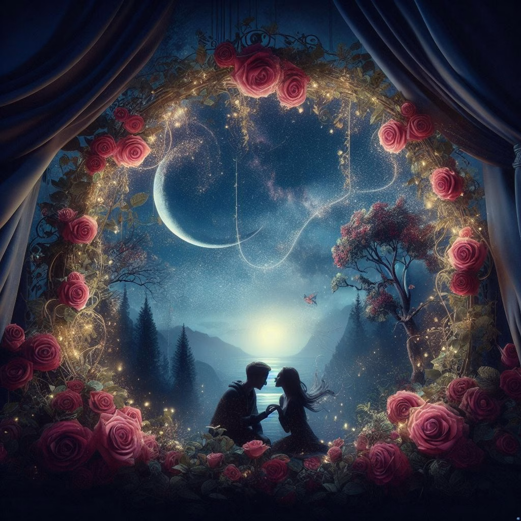 roses, gold magic, moon and light in distance, lake, forest, couple meeting romance