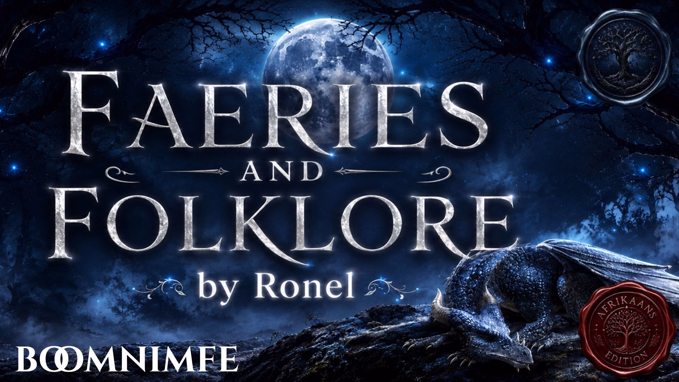 A dark fantasy banner titled "FAERIES AND FOLKLORE by Ronel," set against a misty, gnarled forest under a large, glowing full moon. In the bottom left corner, the word "Boomnimfe" is written in a clean, white serif font. In the top right corner, there is a circular, dark metallic or wax seal stamp featuring an embossed illustration of a tree. A scaly blue dragon rests on a rocky ridge in the foreground, surrounded by faint, glowing blue magical embers. A red wax seal has “Afrikaans Edition” stamped on it with an embossed tree.