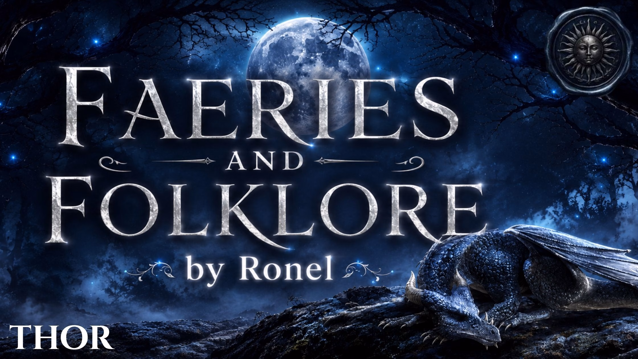 A dark fantasy banner titled "FAERIES AND FOLKLORE by Ronel," set against a misty, gnarled forest under a large, glowing full moon. In the bottom left corner, the word "Thor" is written in a clean, white serif font. In the top right corner, there is a circular, dark metallic or wax seal stamp featuring an embossed illustration of a sun. A scaly blue dragon rests on a rocky ridge in the foreground, surrounded by faint, glowing blue magical embers.