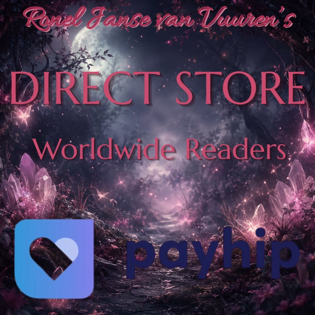 A digital promotional graphic set against a mystical, dark forest backdrop at night, featuring a full moon and glowing pink crystals and magical flora. The text "Ronel Janse van Vuuren’s" is written in an elegant script at the top, followed by the words "DIRECT STORE" and "Worldwide Readers" in a bold serif font. At the bottom left, there is a blue, heart-shaped app icon, and to the right, the word "payhip" is written in a dark, clean, sans-serif font. The image maintains a dark, ethereal, and fantasy-inspired aesthetic.