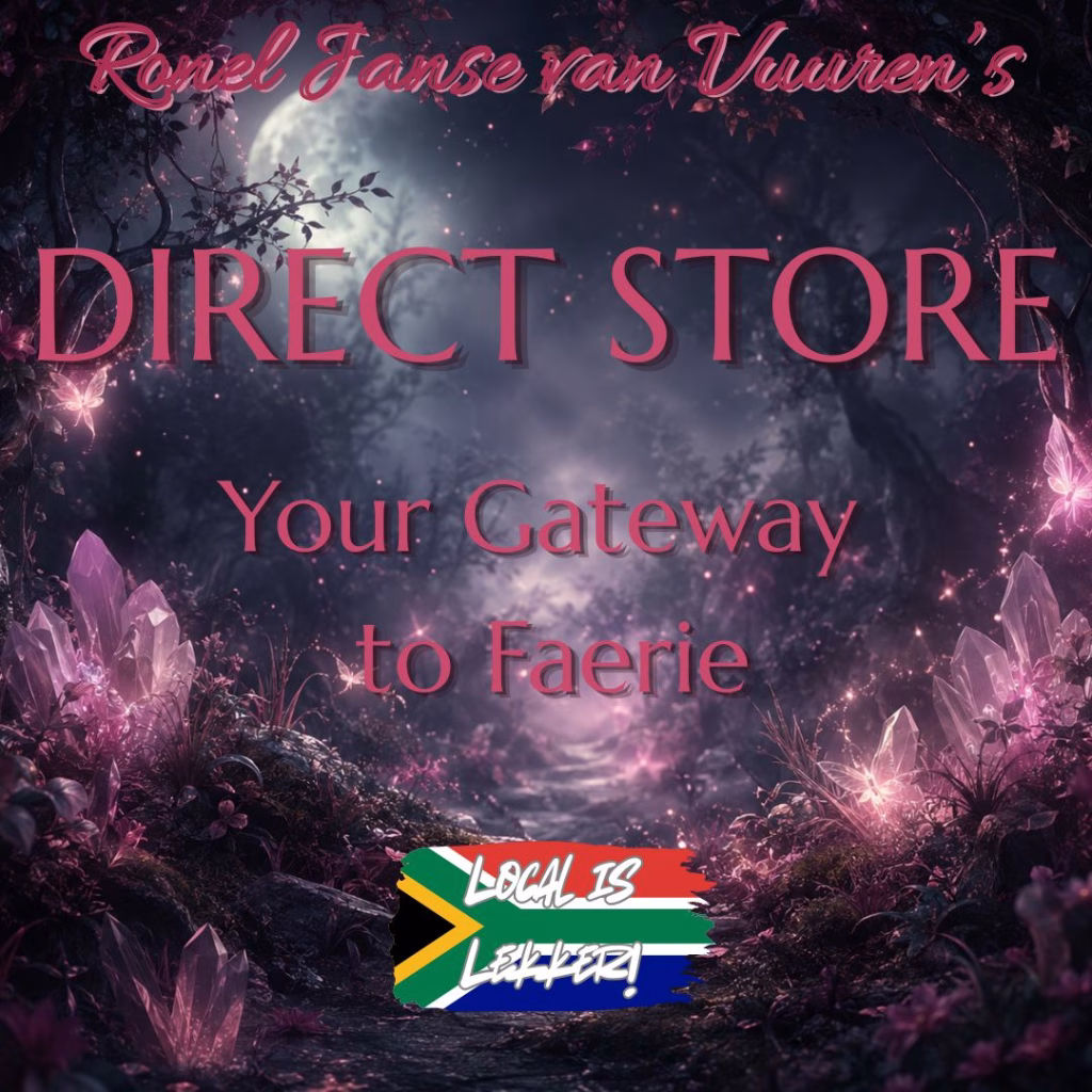 A digital promotional graphic set against a mystical, dark forest backdrop at night, featuring a full moon and glowing pink crystals and magical flora. The text "Ronel Janse van Vuuren’s" is written in an elegant script at the top, followed by the words "DIRECT STORE" and the phrase "Your Gateway to Faerie" in a bold serif font. At the bottom center, there is a graphic of the South African flag with the text "LOCAL IS LEKKER!" written over it in a stylized, bold white font. The image maintains a dark, ethereal, and fantasy-inspired aesthetic.
