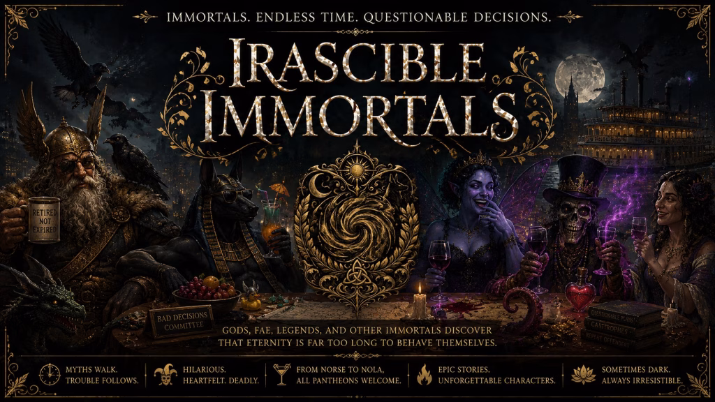 A highly detailed, dark, and whimsical fantasy illustration titled "Irascible Immortals" in an ornate, gold-embossed font. The aesthetic is gothic and folkloric, set at a table where diverse mythological figures—including a weary Norse-style god holding a "Retired Not Expired" mug, an Anubis-like figure with sunglasses, a dark-skinned faerie, and a skeletal figure in a top hat—are gathered for drinks. A complex, circular, metallic-gold emblem rests in the center of the table. The scene includes dark, atmospheric details like ravens, a riverboat in the background under a full moon, and stacks of books labeled "Questionable Plans" and "Catastrophes." Beneath the main illustration, a panel features decorative icons for a clock, jester, martini glass, flame, and lotus, accompanied by playful, evocative text summarizing the theme of myths, legends, and unforgettable, occasionally dark, characters.