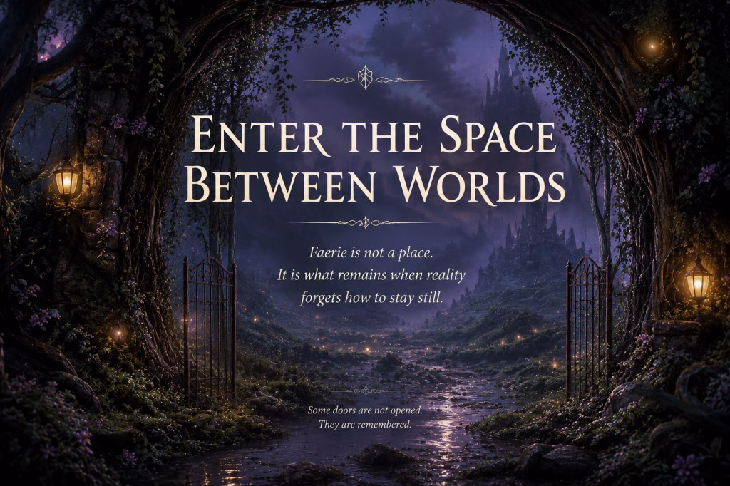 A dark, atmospheric, and enchanted digital illustration depicting a path through an ancient stone archway covered in glowing vines and lanterns. The archway opens into a surreal landscape at twilight, featuring a distant, towering dark castle silhouetted against a deep purple, cloudy sky. Wrought-iron gates stand slightly ajar, leading toward the castle. The image includes centered, elegant text that reads: "Enter the Space Between Worlds. Faerie is not a place. It is what remains when reality forgets how to stay still. Some doors are not opened. They are remembered." The overall mood is mysterious, folkloric, and gothic.