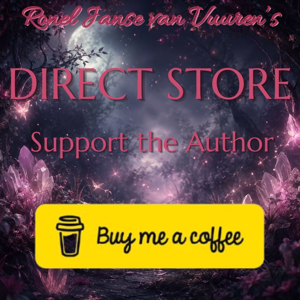 "A dark, magical forest background featuring glowing crystals and ethereal light, with the text 'Ronel Janse van Vuuren’s DIRECT STORE Support the Author' overlaid in pink, and a prominent yellow 'Buy me a coffee' button with a coffee cup icon at the bottom."