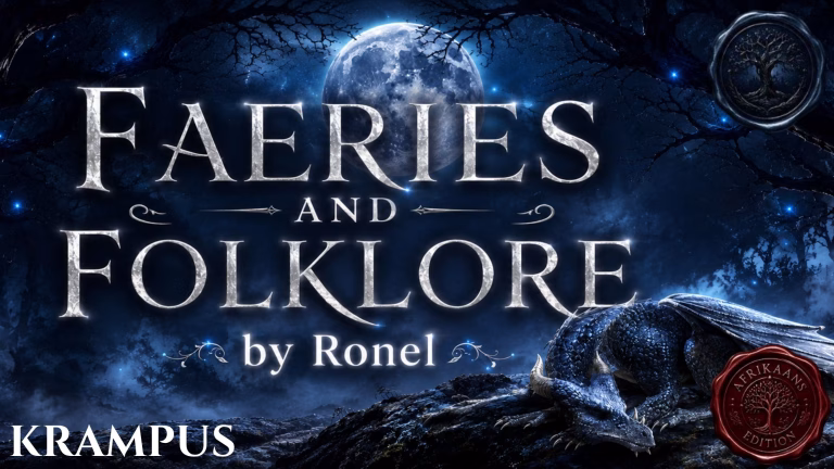 A dark fantasy banner titled "FAERIES AND FOLKLORE by Ronel," set against a misty, gnarled forest under a large, glowing full moon. In the bottom left corner, the word "Krampus" is written in a clean, white serif font. In the top right corner, there is a circular, dark metallic or wax seal stamp featuring an embossed illustration of a tree. A scaly blue dragon rests on a rocky ridge in the foreground, surrounded by faint, glowing blue magical embers. A red wax seal has “Afrikaans Edition” stamped on it with an embossed tree.