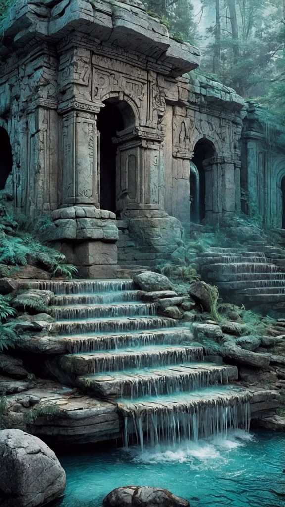 A stone staircase carved into ancient, crumbling ruins cascades directly into a turquoise pool, with clear water flowing over each step like a tiered waterfall. Lush green ferns and moss cling to the weathered stone archways and structures, set against a misty, dark forest backdrop that evokes a mystical and folkloric atmosphere.