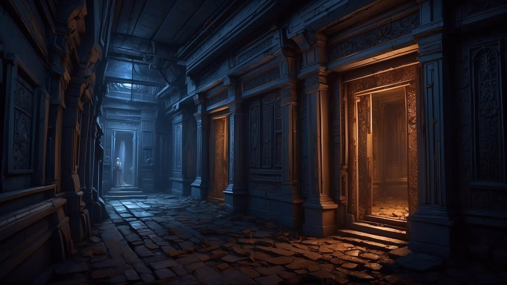 A dark, narrow stone hallway features intricate carvings along its walls and doorways, with a rugged, uneven stone floor. A soft, cool blue light illuminates the far end of the hall where a solitary, ghostly figure stands, while a warm, golden light glows from a doorway to the right, creating a mysterious and gothic atmosphere.