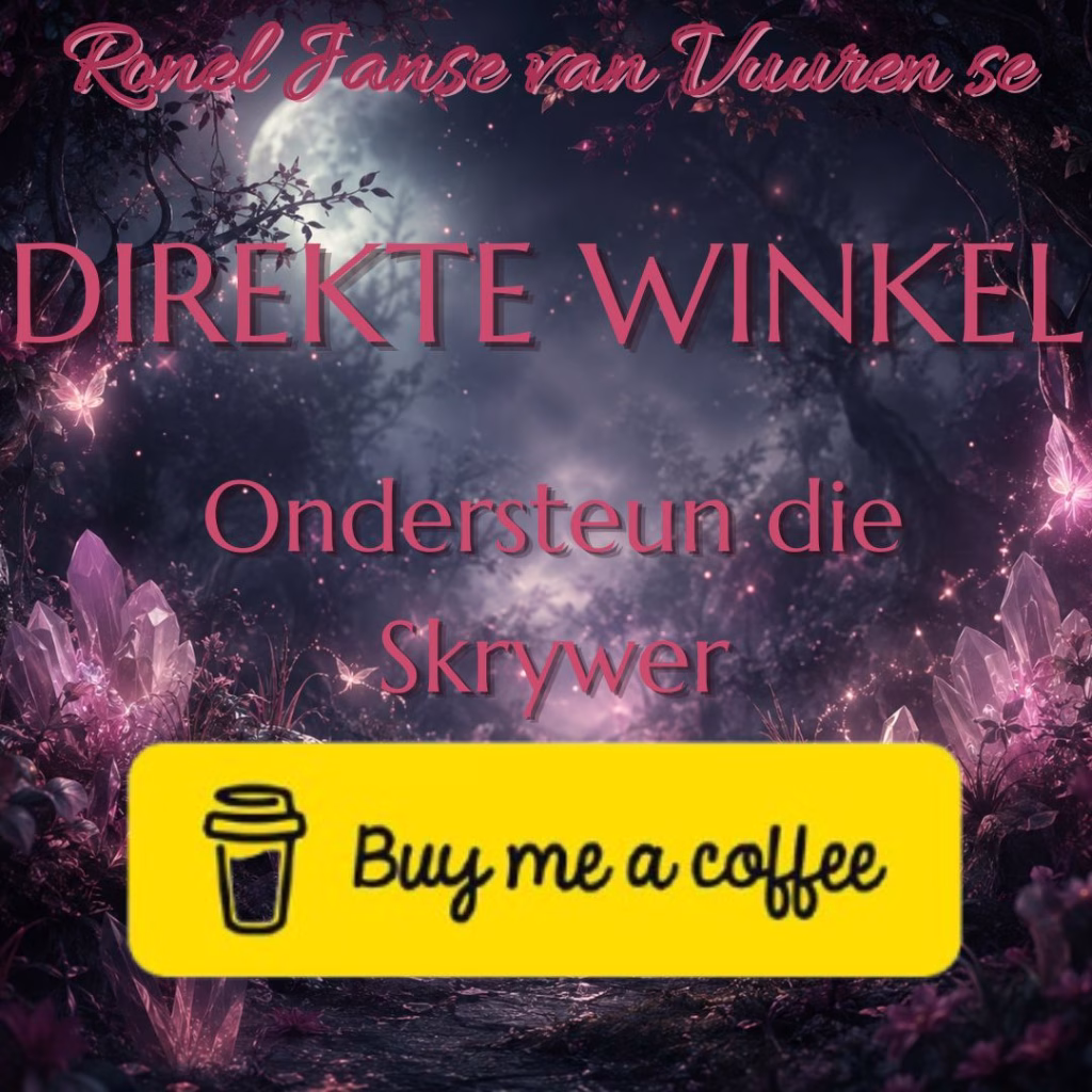 "A dark, magical forest background featuring glowing crystals and ethereal light, with the text 'Ronel Janse van Vuuren se DIREKTE WINKEL Ondersteun die Skrywer' overlaid in pink, and a prominent yellow 'Buy me a coffee' button with a coffee cup icon at the bottom."