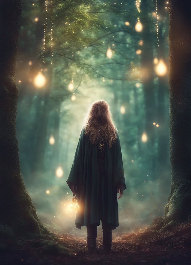 A lone figure with long, wavy hair, viewed from behind, stands in a misty, dark forest wearing a heavy cloak and holding a glowing lantern. The scene is illuminated by numerous soft, golden orbs of light floating amongst the mossy, ancient trees, creating a mystical, gothic, and folkloric atmosphere.