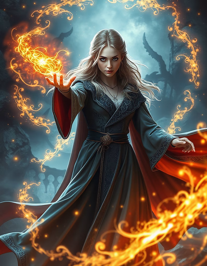 A woman with long blonde hair, dressed in a dark, ornate gown with red lining, stands centered and gazes directly at the viewer. She holds a swirling orb of brilliant orange flame in her hand, which is encircled by glowing, magical patterns that flow around her in the air, set against a dark, misty background that evokes a fantasy and folkloric atmosphere.