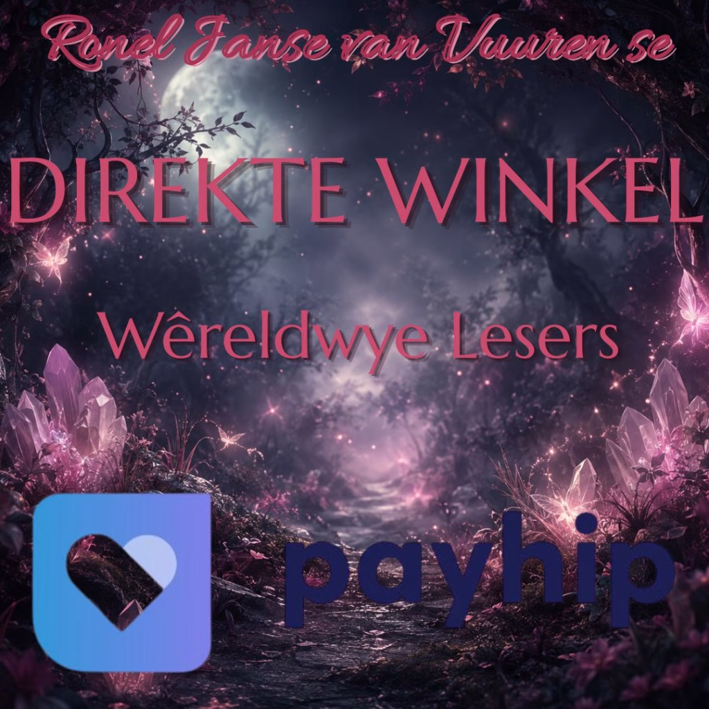 "A dark, magical forest background featuring glowing crystals and ethereal light, with the text 'Ronel Janse van Vuuren se DIREKTE WINKEL Wêreldwye Lesers' overlaid in pink, and the Payhip logo at the bottom."