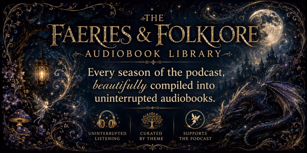 A dark, gothic-styled banner for "The Faeries & Folklore Audiobook Library." The background features a deep blue night scene with glowing purple flowers, a hanging lantern, a full moon, a castle in the distance, and a dark dragon resting on a rock. Large, ornate gold text at the top reads: "The Faeries & Folklore Audiobook Library," followed by: "Every season of the podcast, beautifully compiled into uninterrupted audiobooks." Below this are three icons with text: a pair of headphones for "Uninterrupted Listening," a tree for "Curated by Theme," and a tiny fairy for "Supports the Podcast." The entire design uses a dark aesthetic with gold accents and intricate filigree borders.