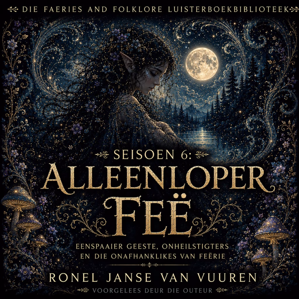 Dark fantasy digital art featuring an elven woman with long, dark hair adorned with small flowers and glowing star-like lights, standing in a magical forest at night under a full moon. Intricate golden filigree and glowing blue wildflowers frame the scene, alongside bioluminescent mushrooms on the forest floor. Gold typographic text reads "SEISOEN 6: ALLEENLOPER FEË" with subtitle text "EENSPAAIER GEESTE, ONHEILSTIGTERS EN DIE ONAFHANKLIKES VAN FEËRIE" and author name "RONEL JANSE VAN VUUREN" with "VOORGELEES DEUR DIE AUTEUR" below.