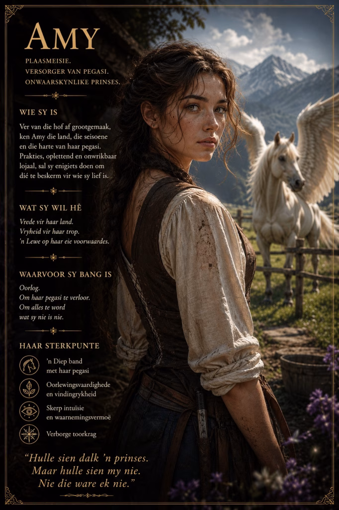 A fantasy character card featuring a young woman named Amy, presented with descriptive text in Afrikaans. Amy has dark, wavy hair, freckles, and wears a rustic linen shirt with a corset-style vest. She looks back over her shoulder with a serious expression. In the background, a majestic white winged horse (pegasus) stands in a sunlit pasture with mountains under a cloudy sky. The card includes stylized headers, bulleted character traits, and a quote at the bottom.