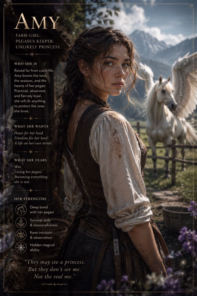 Character profile card for Amy from Magic at Midnight, featuring a young farm girl with freckles and long, wavy brown hair, wearing a rustic blouse and a laced bodice over a skirt. She looks back over her shoulder outdoors, with a majestic white pegasus standing behind a fence in a rural landscape with mountains. Text sections on the left detail her character traits: "Who She Is," "What She Wants," "What She Fears," and "Her Strengths" (including deep bond with her pegasai, survival skills, keen intuition, and hidden magical ability), along with a quote at the bottom reading, "They may see a princess. But they don't see me. Not the real me."