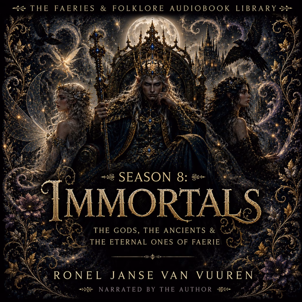 A gothic-style promotional image for "The Faeries & Folklore Audiobook Library." The central composition features a powerful king wearing a crown and holding a scepter, seated upon an ornate throne and flanked by two ethereal fae figures with long, flowing hair and delicate wings. The background showcases a moonlit night, a majestic castle, and flying ravens, all surrounded by intricate gold filigree, glowing stardust, and dark flowers. The text reads: "Season 8: Immortals, the gods, the ancients & the eternal ones of faerie," followed by the author's name, "Ronel Janse van Vuuren," and the credit "Narrated by the author." The overall aesthetic is dark, opulent, and steeped in mythological wonder.