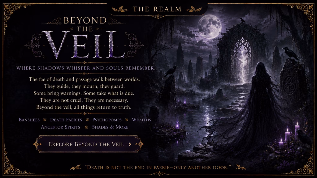 A dark fantasy graphic from "The Realm" series titled "Beyond the Veil." The scene depicts a mysterious, cloaked figure standing before a glowing, gothic stone archway in a dark, moonlit graveyard setting, with ravens perched nearby and lit candles on the ground. Text on the left explores themes of death and passage, listing entities such as "Banshees," "Death Faeries," "Psychopomps," "Wraiths," "Ancestor Spirits," and "Shades." A button invites the viewer to "Explore Beyond the Veil," accompanied by the quote: "Death is not the end in Faerie—only another door."