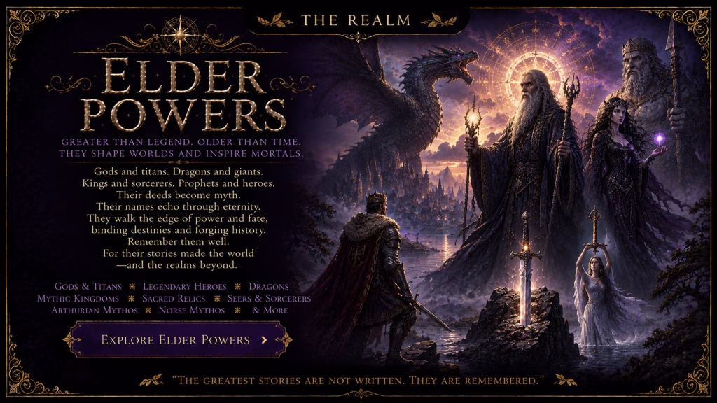 A dark fantasy graphic from "The Realm" series titled "Elder Powers." The scene features powerful, ethereal figures, including an elderly wizard with a staff, a queen in dark robes, a towering bearded man, and a woman in a white gown holding a sword, all set against a background of a massive dragon, a glowing sun-like halo, and a landscape with a castle. Text on the left introduces themes of ancient entities, gods, and titans, listing categories such as "Gods & Titans," "Legendary Heroes," "Dragons," "Mythic Kingdoms," "Sacred Relics," "Seers & Sorcerers," "Arthurian Mythos," and "Norse Mythos." A button invites the viewer to "Explore Elder Powers," accompanied by the quote: "The greatest stories are not written. They are remembered."