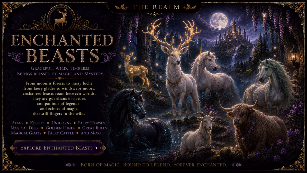 A dark fantasy graphic from "The Realm" series titled "Enchanted Beasts." The background features a mystical, moonlit forest scene with a castle in the distance, populated by ethereal creatures including a large white stag with glowing antlers, a unicorn, a black kelpie, a small golden deer, a goat, and a shaggy-haired bull. Text on the left describes these beings as "Graceful. Wild. Timeless" and lists entities such as "Stags," "Kelpies," "Unicorns," "Faery Horses," "Magical Deer," "Golden Hinds," "Great Bulls," "Magical Goats," and "Faery Cattle". A button prompts the viewer to "Explore Enchanted Beasts," accompanied by the concluding text: "Born of magic. Bound to legend. Forever enchanted."