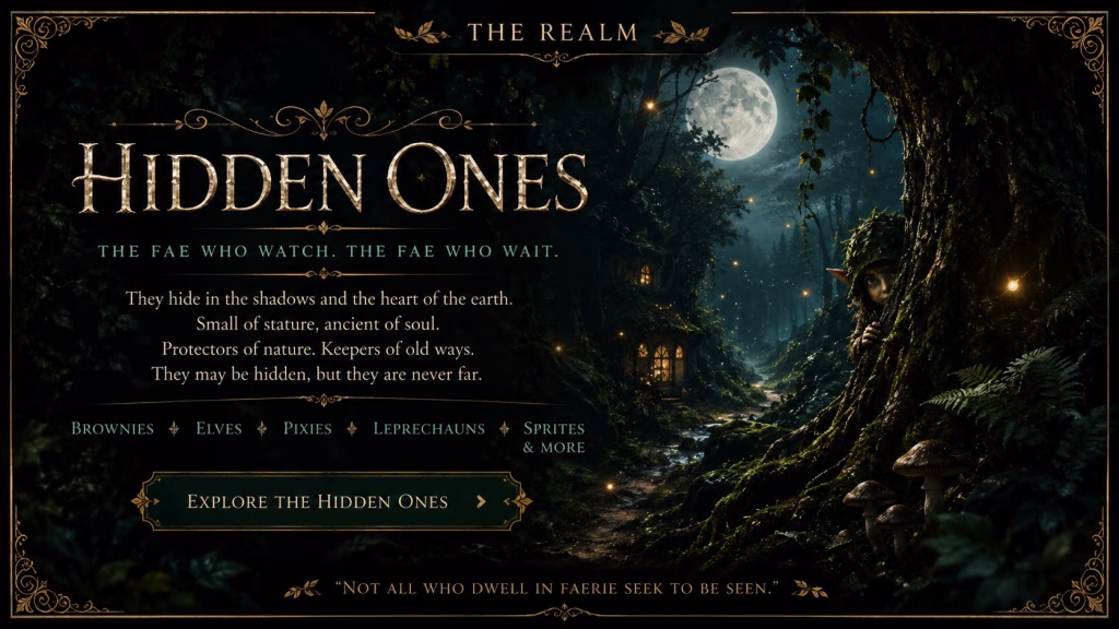 A dark fantasy graphic from "The Realm" series titled "Hidden Ones." The background features a mystical, moonlit forest path with glowing lights and a small, pointed-eared fae creature peeking out from behind a large, mossy tree. Text on the left describes the "Hidden Ones" as "The fae who watch. The fae who wait," noting they are "small of stature, ancient of soul," and lists entities such as "Brownies," "Elves," "Pixies," "Leprechauns," and "Sprites." A button prompts the viewer to "Explore The Hidden Ones," accompanied by the quote: "Not all who dwell in Faerie seek to be seen."