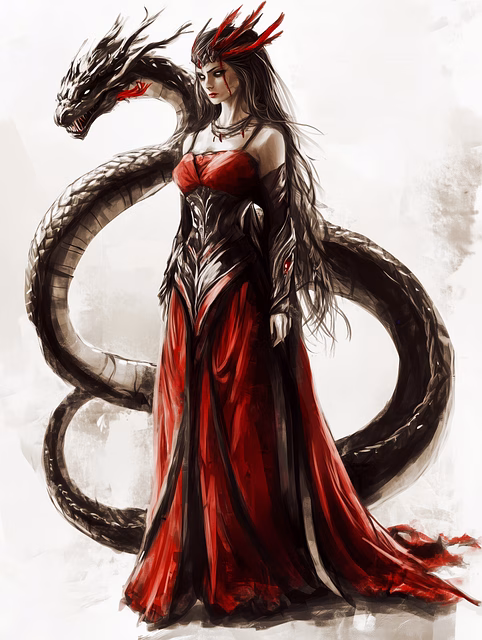 A digital illustration depicts a pale woman with long, dark hair and striking facial markings, wearing an elegant red and black gown. She is accompanied by a large, serpentine dragon that curls behind her, its body framing her figure against a light, painterly background.