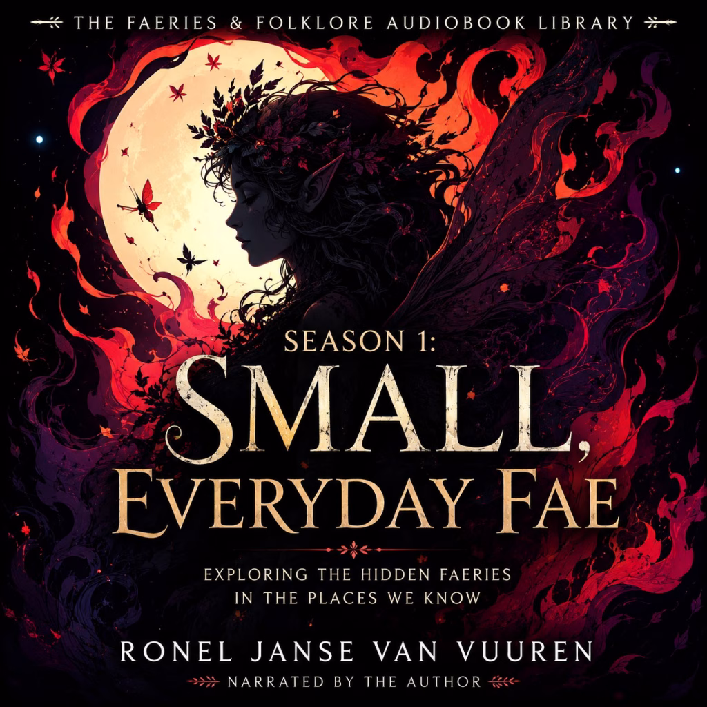 A dark, folkloric-style promotional banner for "The Faeries & Folklore Audiobook Library." The central image depicts the silhouette of a fae figure with pointed ears and a floral crown, set against a large, glowing full moon surrounded by vibrant, swirling red and orange magical flames. The text reads: "Season 1: Small, Everyday Fae, exploring the hidden faeries in the places we know," followed by the author's name, "Ronel Janse van Vuuren," and the credit "Narrated by the author." The overall aesthetic is dark and mystical, consistent with the project's focus on faerie lore.