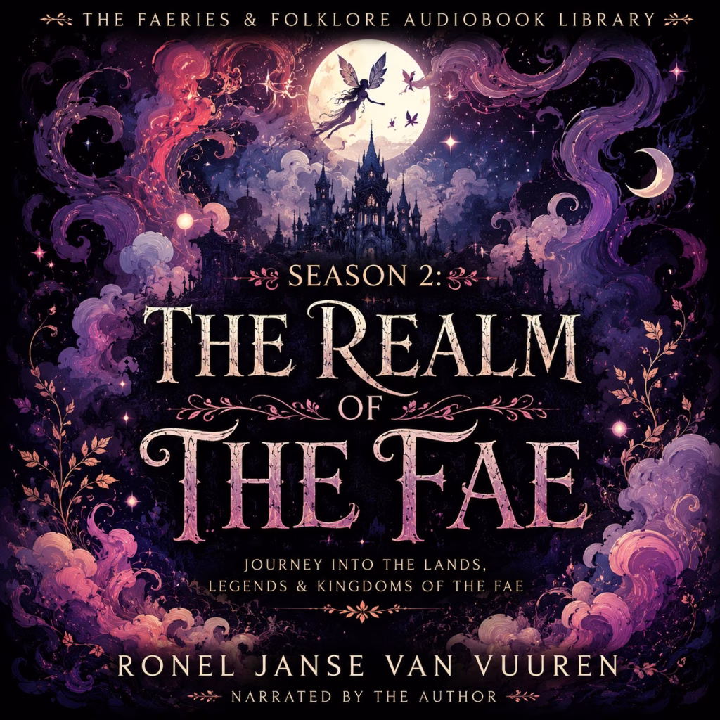 A dark, folkloric-style promotional banner for "The Faeries & Folklore Audiobook Library". The central image depicts a gothic castle silhouette under a large, glowing full moon, with a tiny fairy silhouette flying in front of it, all surrounded by swirling purple and pink magical clouds. The text reads: "Season 2: The Realm of the Fae, journey into the lands, legends & kingdoms of the fae," followed by the author's name, "Ronel Janse van Vuuren," and the credit "Narrated by the author". The overall design features the dark, folkloric branding style with antique paper textures, mist, and moonlight.