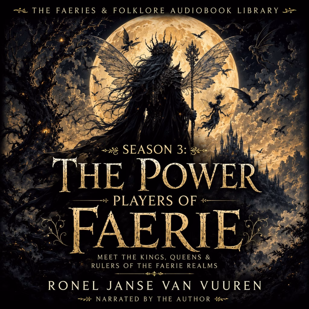 A dark, gothic-styled promotional banner for "The Faeries & Folklore Audiobook Library." The central image features a powerful, winged faerie figure wearing a crown and holding a scepter, standing against a massive, glowing full moon. The background depicts a dark, jagged mountain landscape with a silhouette of a gothic castle and numerous flying faeries or creatures under the night sky. The design uses antique paper textures, faded gold accents, and intricate filigree. The text reads: "Season 3: The Power Players of Faerie, meet the kings, queens & rulers of the faerie realms," followed by the author's name, "Ronel Janse van Vuuren," and the credit "Narrated by the author."