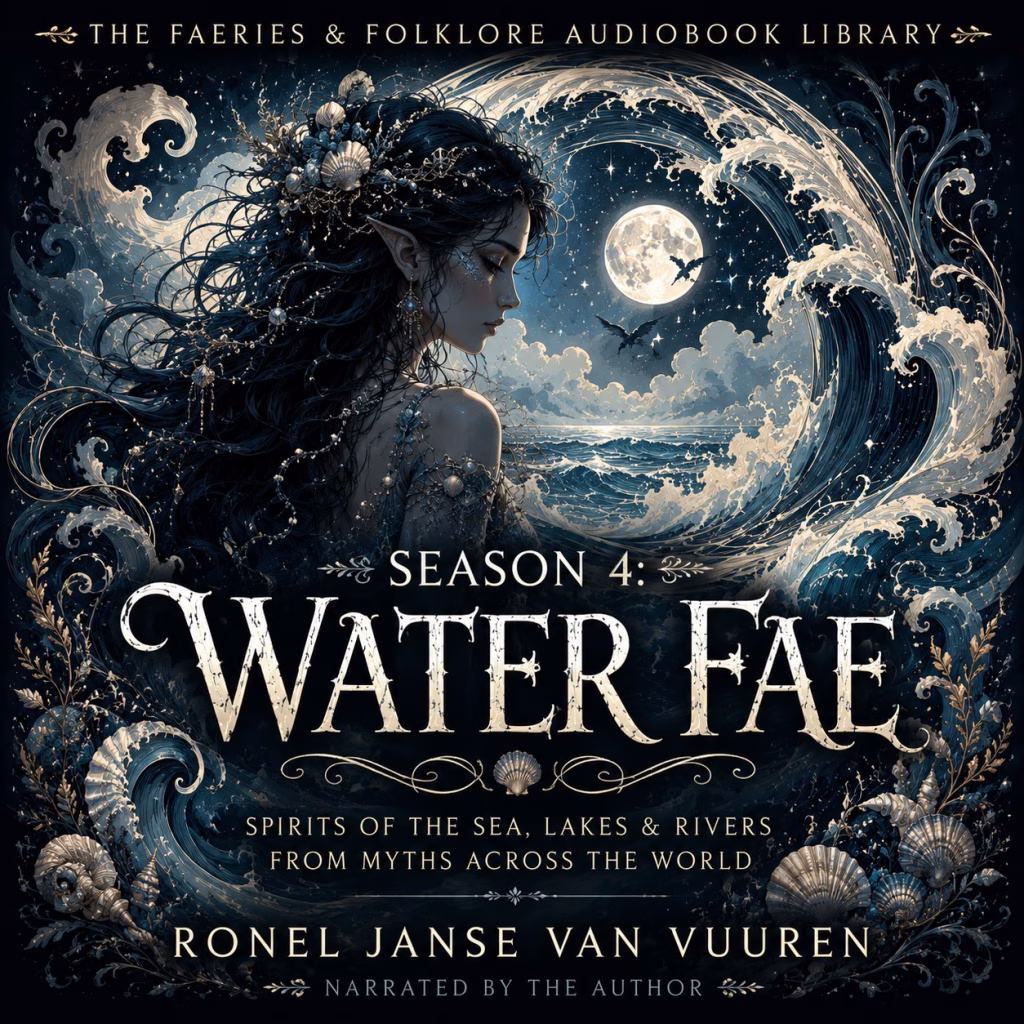 A dark, folkloric-style promotional banner for "The Faeries & Folklore Audiobook Library." The central image features an elegant water fae with long hair adorned with seashells, set against a backdrop of a swirling ocean, a glowing full moon, and distant clouds. The design incorporates intricate gold filigree, sea-themed accents, and deep blue hues. The text reads: "Season 4: Water Fae, spirits of the sea, lakes & rivers from myths across the world," followed by the author's name, "Ronel Janse van Vuuren," and the credit "Narrated by the author".