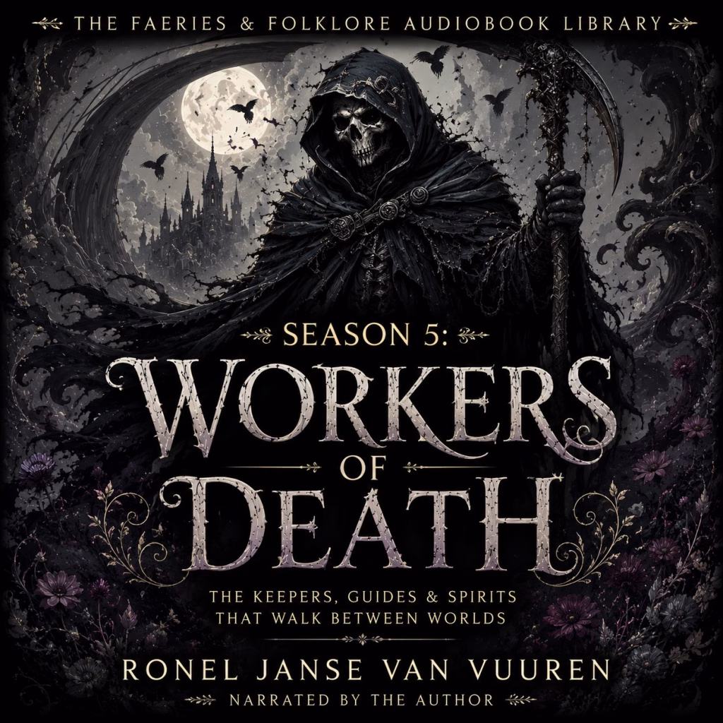 A gothic-style promotional image for "The Faeries & Folklore Audiobook Library." The central figure is a hooded, skeletal entity in tattered black robes holding a scythe. The background depicts a dark, misty landscape with a full moon, silhouettes of crows, and a distant gothic castle. The foreground is decorated with dark flowers and ornate, faded gold flourishes. Text on the image reads: "Season 5: Workers of Death, the keepers, guides & spirits that walk between worlds," followed by the author's name, "Ronel Janse van Vuuren," and the credit "Narrated by the author." The overall design utilizes a dark, atmospheric aesthetic consistent with the user's focus on folklore and dark fantasy.