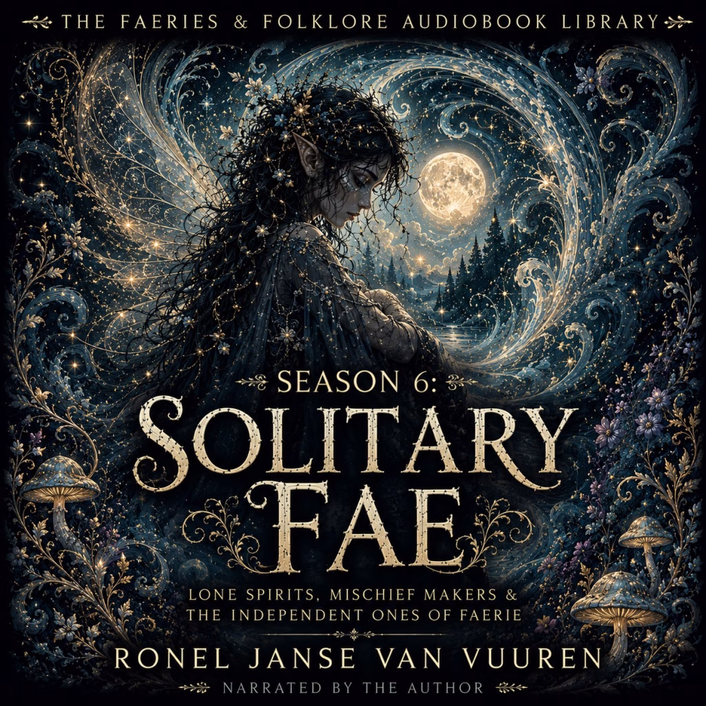 A gothic-style promotional image for "The Faeries & Folklore Audiobook Library." The central figure is an elegant fae with long dark hair, floral accessories, and delicate wings, standing in a dreamy, night-time forest scene illuminated by a large moon and swirling, magical stardust. The background features a tranquil lake and dark forest silhouettes, framed by intricate, swirling gold filigree, glowing mushrooms, and small purple flowers. The text reads: "Season 6: Solitary Fae, lone spirits, mischief makers & the independent ones of faerie," followed by the author's name, "Ronel Janse van Vuuren," and the credit "Narrated by the author." The design reflects a dark, enchanting, and folkloric aesthetic.