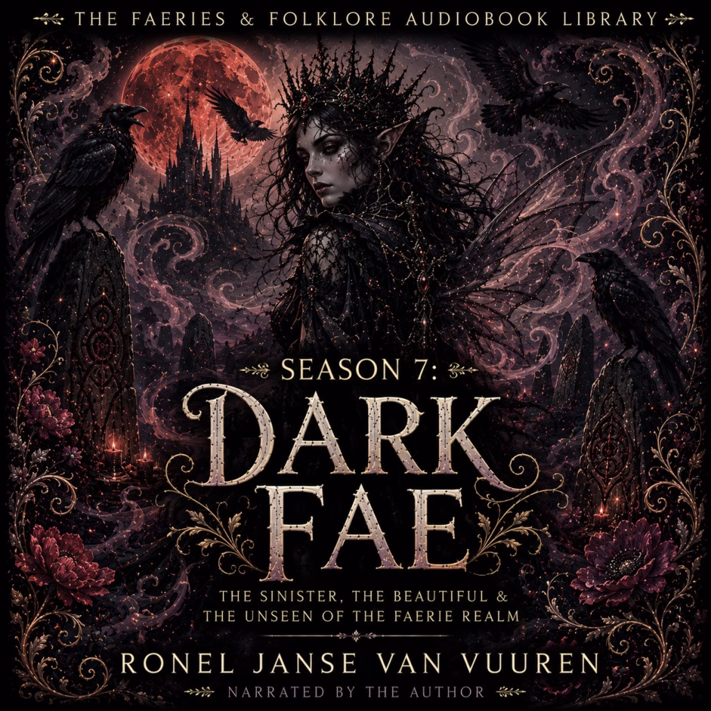 A gothic-style promotional image for "The Faeries & Folklore Audiobook Library." The central figure is a dark, regal fae queen with pointed ears and an elaborate crown, set against a backdrop of a blood-red moon, a dark castle, and ominous ravens perched on ancient stone monoliths. The scene is filled with swirling mist, deep red flowers, and ornate, dark gold filigree. The text reads: "Season 7: Dark Fae, the sinister, the beautiful & the unseen of the faerie realm," followed by the author's name, "Ronel Janse van Vuuren," and the credit "Narrated by the author." The design reflects a dark, sophisticated, and folkloric aesthetic.