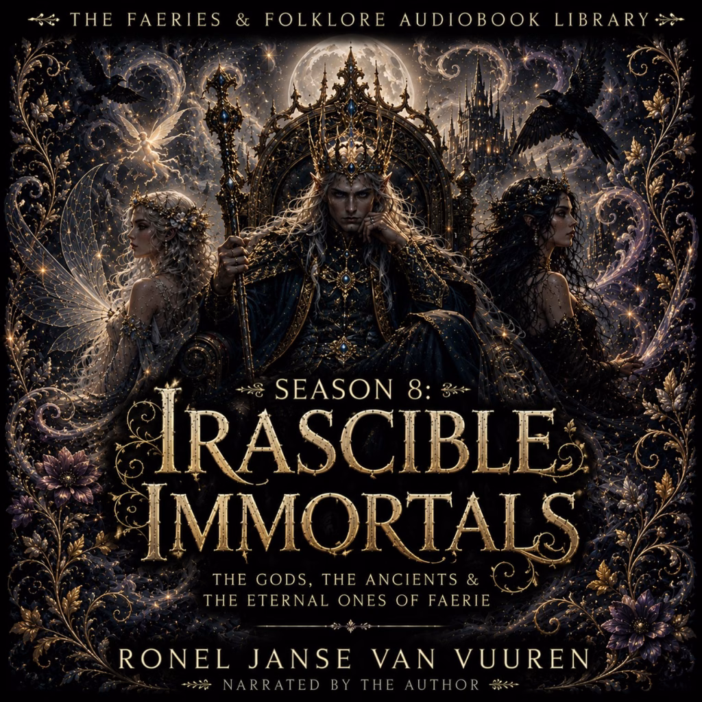 A gothic-style promotional image for "The Faeries & Folklore Audiobook Library." The central composition features a powerful king wearing a crown and holding a scepter, seated upon an ornate throne and flanked by two ethereal fae figures with long, flowing hair and delicate wings. The background showcases a moonlit night, a majestic castle, and flying ravens, all surrounded by intricate gold filigree, glowing stardust, and dark flowers. The text reads: "Season 8: Irascible Immortals, the gods, the ancients & the eternal ones of faerie," followed by the author's name, "Ronel Janse van Vuuren," and the credit "Narrated by the author." The overall aesthetic is dark, opulent, and steeped in mythological wonder.