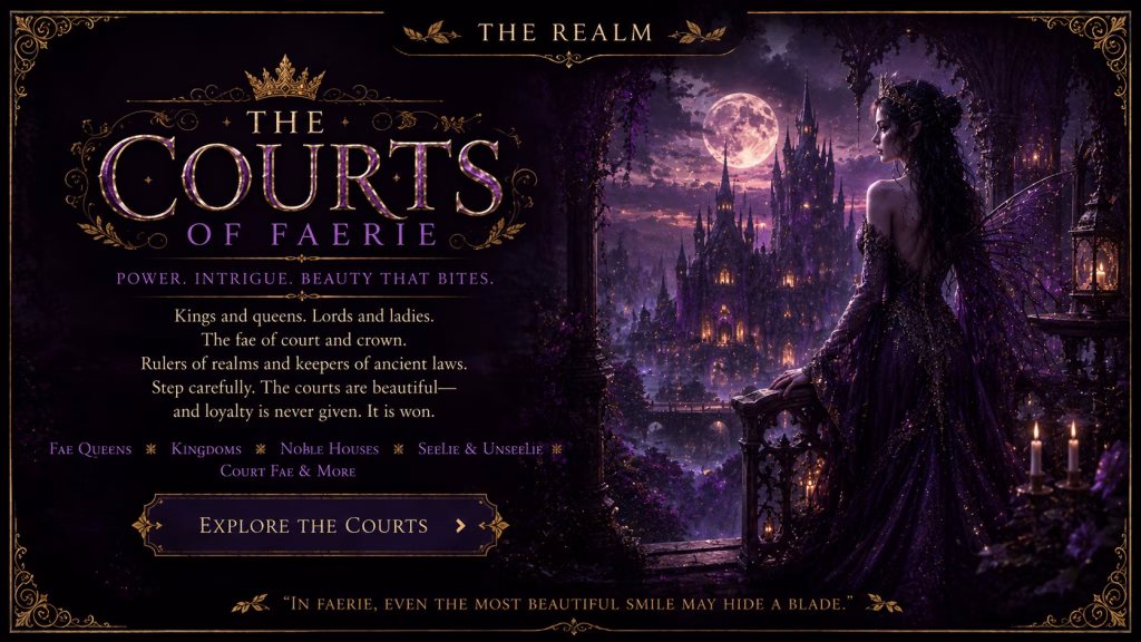 A dark fantasy graphic from "The Realm" series titled "The Courts of Faerie." The scene features a winged, regal fae woman in a purple gown standing on a balcony, overlooking a sprawling, majestic castle under a full moon. Text on the left describes the theme as "Power. Intrigue. Beauty that bites," and lists categories such as "Fae Queens," "Kingdoms," "Noble Houses," and "Seelie & Unseelie." A button prompts the viewer to "Explore The Courts," accompanied by the quote: "In Faerie, even the most beautiful smile may hide a blade."