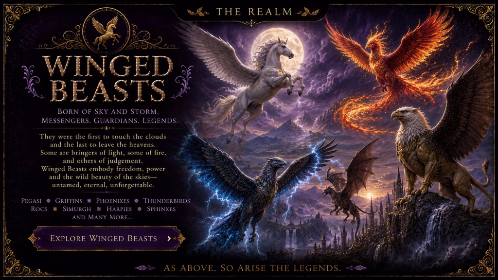 A dark fantasy graphic from "The Realm" series titled "Winged Beasts." The background features a majestic, moonlit mountain landscape populated by various flying mythical creatures, including a white Pegasus, a blazing phoenix, a thunderbird surrounded by electricity, a griffin, and a small dragon. Text on the left describes these creatures as being "born of sky and storm," and lists entities such as "Pegasi," "Griffins," "Phoenixes," "Thunderbirds," "Rocs," "Simurgh," "Harpies," and "Sphinxes." A button prompts the viewer to "Explore Winged Beasts," accompanied by the concluding text: "As above. So arise the legends."