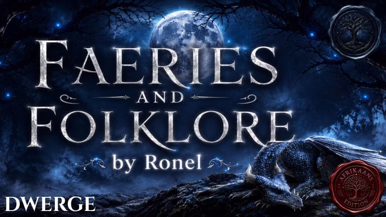A dark fantasy banner titled "FAERIES AND FOLKLORE by Ronel," set against a misty, gnarled forest under a large, glowing full moon. In the bottom left corner, the word "Dwerge" is written in a clean, white serif font. In the top right corner, there is a circular, dark metallic or wax seal stamp featuring an embossed illustration of a tree. A scaly blue dragon rests on a rocky ridge in the foreground, surrounded by faint, glowing blue magical embers. A red wax seal has “Afrikaans Edition” stamped on it with an embossed tree.