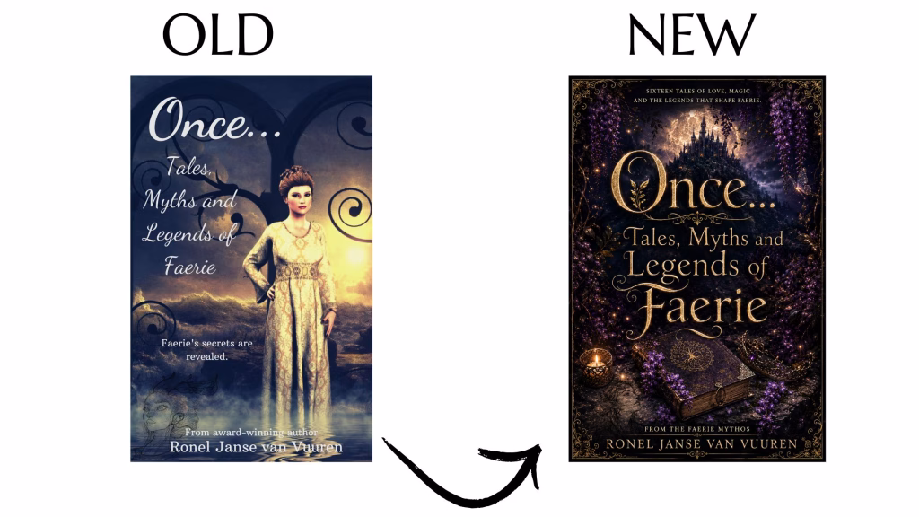 Image Overview: A side-by-side comparison of old and new book covers, featuring an arrow curving upward from the old version on the left to the updated version on the right.
Old Design: A vertical book cover labeled "OLD" featuring a woman in a historical gown standing in front of a hazy landscape, with text reading "Once... Tales, Myths and Legends of Faerie" and "Ronel Janse van Vuuren" at the bottom.
New Design: A refined vertical book cover labeled "NEW" framed by an ornate gold border, featuring a dark fantasy aesthetic with a glowing castle under a large moon, cascading purple wisteria flowers, a glowing candle, an ancient leather-bound book, and gold typography reading "Once... Tales, Myths and Legends of Faerie" by Ronel Janse van Vuuren.