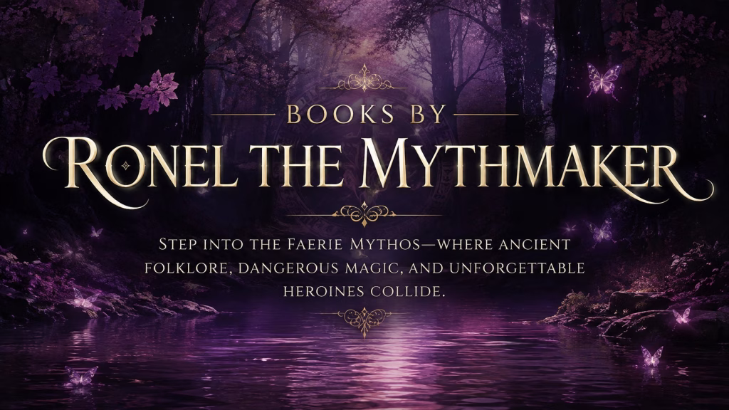 A dark, gothic fantasy scene featuring a mystical purple-lit forest bordering a calm river reflecting a luminous violet light. Glowing purple butterflies flutter across the water and among the trees. Ornate golden filigree frames the center text, which reads "BOOKS BY" in small uppercase letters above large, elegant serif lettering stating "RONEL THE MYTHMAKER". Below the main title, smaller capitalized text reads: "STEP INTO THE FAERIE MYTHOS—WHERE ANCIENT FOLKLORE, DANGEROUS MAGIC, AND UNFORGETTABLE HEROINES COLLIDE."